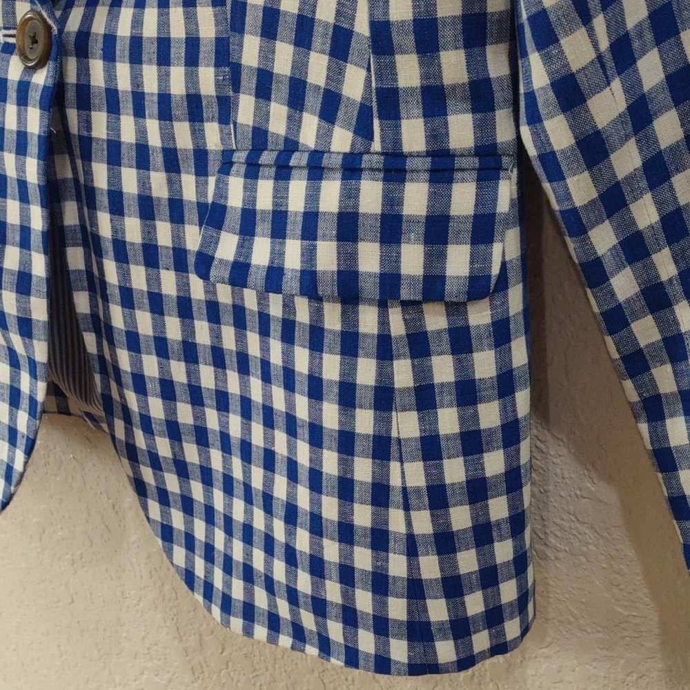 J. Crew Blue and White Plaid , Linen Blazer, Size 8 - Picture 8 of 17